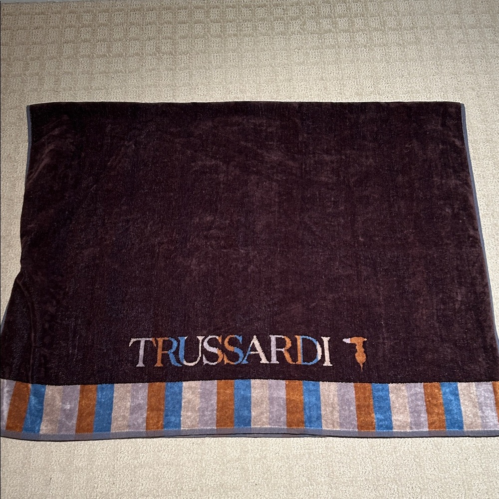 TRUSSARDI Home Bath Sheet Beach Towel Huge! Brown & Blue Stripes Cotton NWT #1